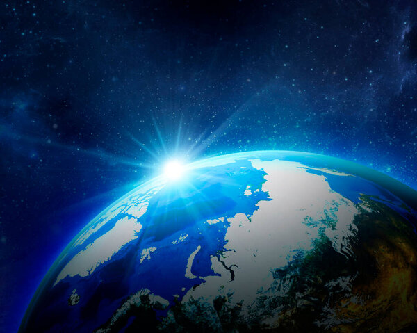 Planet earth globe view from space showing realistic earth surface and world map as in outer space point of view. 3d render