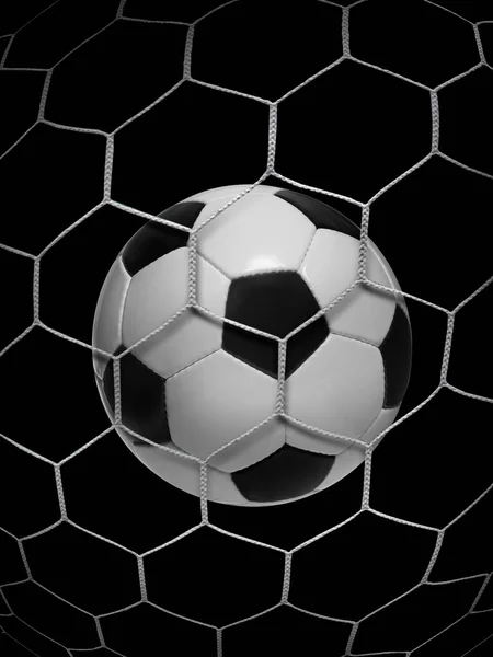 Schiet Soccer Ball Doel Net Zwarte Geïsoleerde Achtergrond — Stockfoto