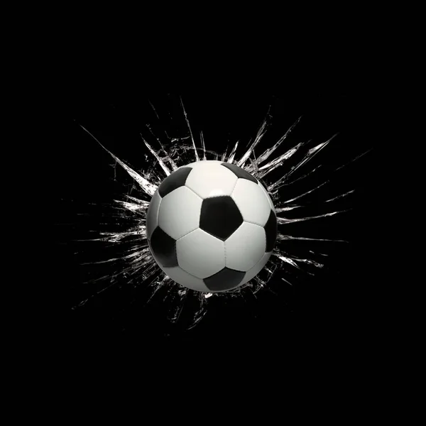 Fast Soccer Ball Broken Glass Black Background — Stock Photo, Image