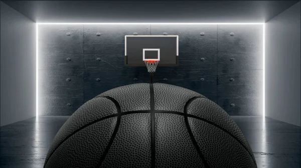 indoor basketball court with black balls. 3d render