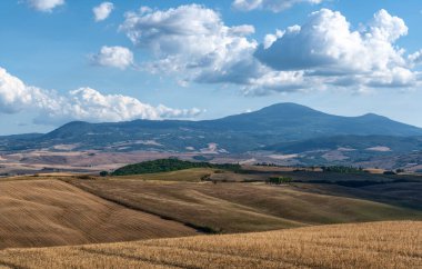 Toskana, İtalya. Ağustos 2020. Sınırları belirlemek için tipik yuvarlanan tepeler ve selvi ağaçları ile Toskana kırsalının şaşırtıcı manzarası.