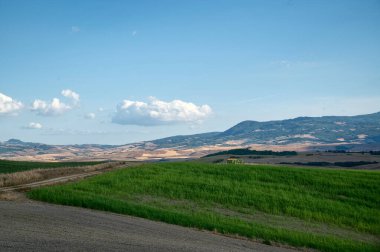 Toskana, İtalya. Ağustos 2020. Sınırları belirlemek için tipik yuvarlanan tepeler ve selvi ağaçları ile Toskana kırsalının şaşırtıcı manzarası.