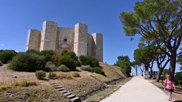 安德里亚 普利亚 意大利 2021年8月在蒙特城堡的潘镜头 在右边是通往城堡的路 左边是它所在的小山 美丽的风景 — 图库视频影像