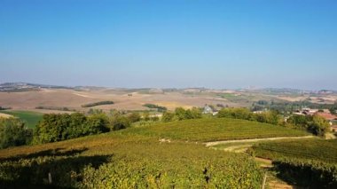 Montemagno, Piedmont, İtalya. Köyün tepesindeki kalenin duvarlarından Monferrato kırsalının muhteşem manzarasını gözlemliyoruz. Üzüm bağları tarlalarla dönüşümlü. Pan