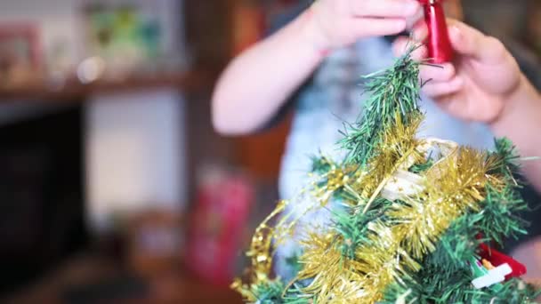 圣诞节快到了 圣诞树顶层的概念性特写图像被钉在树梢上 一个男孩和一个中年妇女的手盯着他看 — 图库视频影像