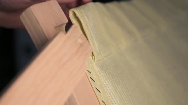 Close Footage Pieces Wooden Chair Kit Hands Insert Wooden Slat — Vídeo de Stock