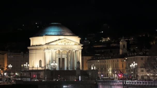 Turin Piemont Italien Februar 2022 Nachtaufnahmen Der Kirche Der Großen — Stockvideo