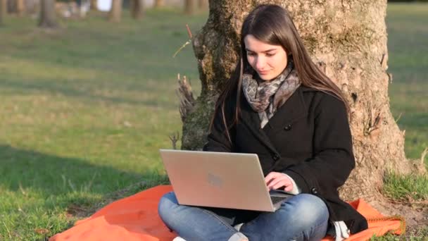 Mooie Jonge Brunette Vrouw Werkt Laptop Zittend Aan Voet Van — Stockvideo