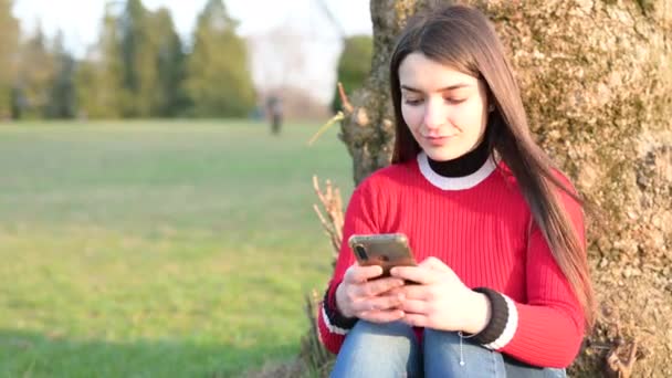 Eine Attraktive Junge Brünette Frau Sitzt Fuße Eines Baumes Park — Stockvideo