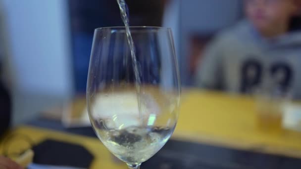 Slow Motion Footage Pouring Sparkling Wine Tasting Glass Numerous Bubbles — ストック動画
