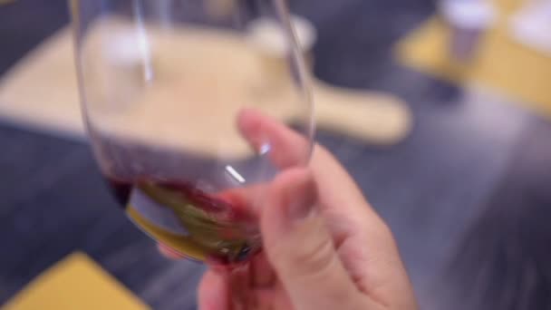 一个带有红酒的品酒杯的特写慢镜头 酒杯的旋转在酒的表面产生波纹 并沿着高高的玻璃墙延伸 品酒与美好生活的概念 — 图库视频影像