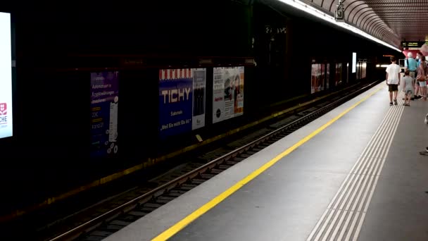 2022年8月 奥地利维也纳 地铁车站的景象 你可以看到火车从隧道里出来 人们走近站台准备上车 — 图库视频影像
