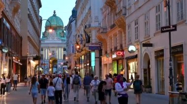 Viyana, Avusturya, Ağustos 2022. Şehirde hayat dolu güzel bir akşam görüntüsü: İnsanlar sokakta yürürken Michael Plaztz 'a tepeden bakıyorlar, Hofburg İmparatorluk Sarayı' nın göze çarptığı yerde..