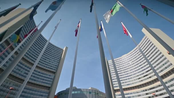 2022年8月 奥地利维也纳 联合国总部的实时录像 旗帜是挥动的 带有广角镜头和低视角的标志性图像 — 图库视频影像