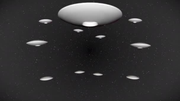Broadcast Flying Passing Tech Saucers Grayscale Space — Stock Video