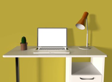 Masadaki dizüstü bilgisayar - ofis içi modelleme. Merkez ofis. Minimalizm. Sarı duvar. Kaktüs, lamba, bilgisayar beyaz ekranı. İş yeri. 3 Boyutlu Hazırlama
