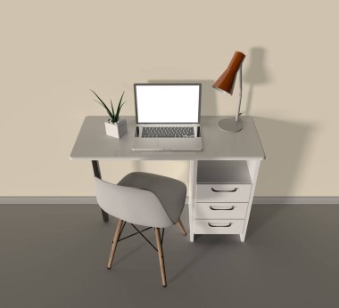 Masadaki dizüstü bilgisayar - ofis içi modelleme. Merkez ofis. Minimalizm. Sandalye, kaktüs, lamba, bilgisayar beyaz ekranı. İş yeri. 3 Boyutlu Hazırlama