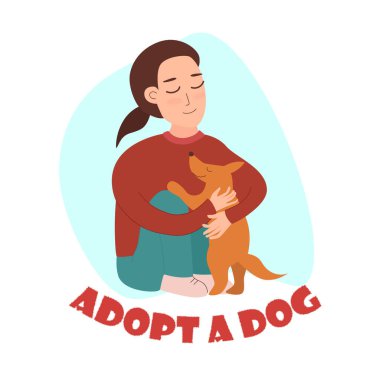 Çizgi filmdeki genç kız köpek yavrusuna özenle ve sevgiyle sarılıyor, bir köpekle arkadaşlık ediyor. Evcil bir hayvan evlat edin. Hoş poster, vektör illüstrasyonu