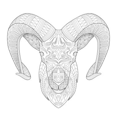 Çocuklar için boynuz çizgisi olan keçi kafası ya da yetişkin boyama kitabı. Vektör grafik, boyama sayfası. Etnik çiçek desenli elle çizilmiş. Zendala, ruhsal rahatlama. Zen karalaması