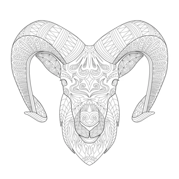 Çocuklar için boynuz çizgisi olan keçi kafası ya da yetişkin boyama kitabı. Vektör grafik, boyama sayfası. Etnik çiçek desenli elle çizilmiş. Zendala, ruhsal rahatlama. Zen karalaması