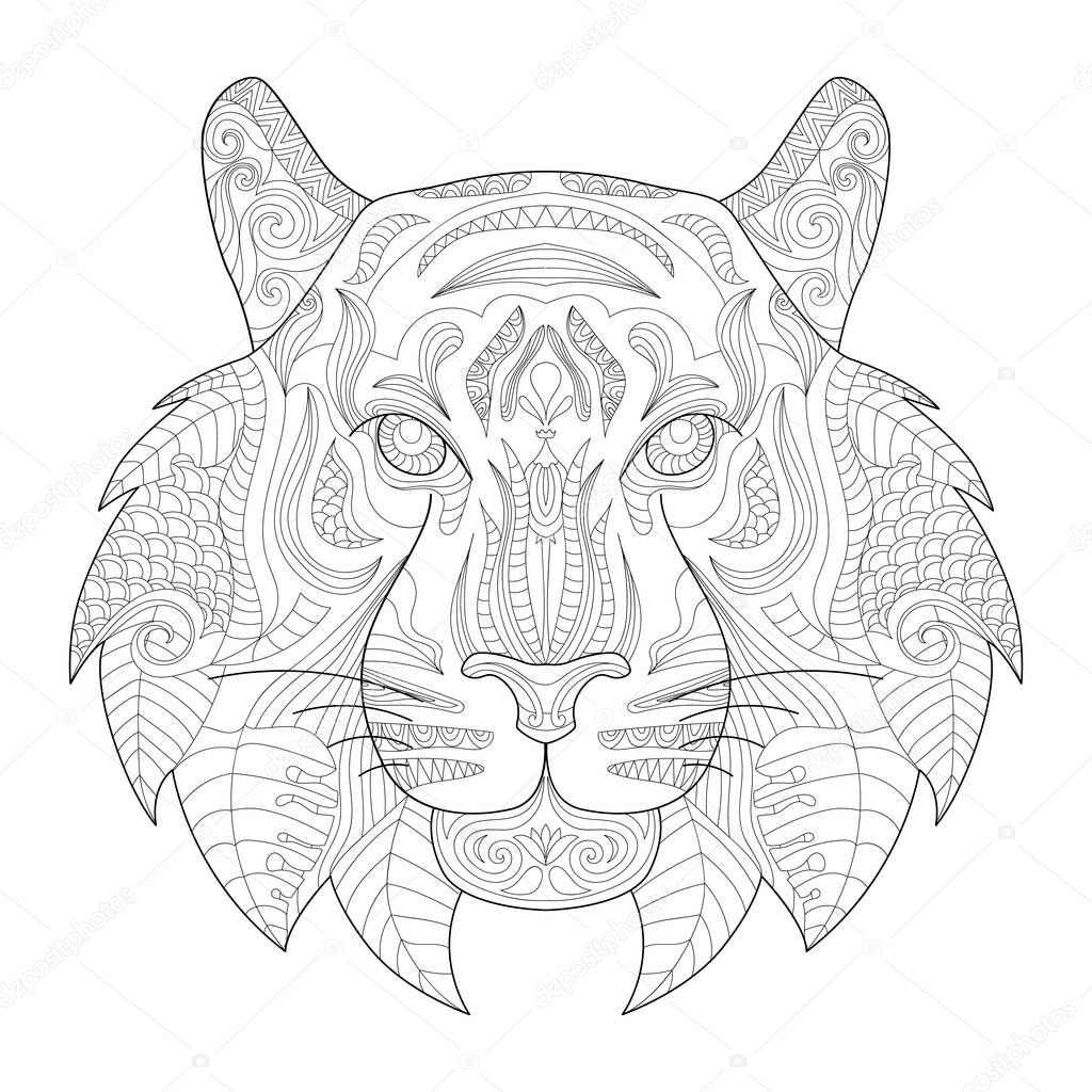 Stylized tiger (lion, wildcat) portrait, isolated on white background. Sketch for adult anti stress coloring book page with doodle and zentangle elements, tattoo, t-shirt, poster, print design.