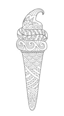 Elle çizilmiş dondurma külahlı tatlı. Büyükler için boyama kitabı sayfası. Zentangle tarzı