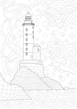 Deniz feneri. Yetişkinler ve çocuklar için boyama kitabı sayfası. Kayaların, denizin ve gökyüzünün arasında ışık evi resimleri. Karalama ve zenkarga elementli anti-stres el yazması çizimi.