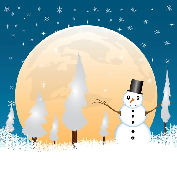 Snowman in a full moon night — Stock Vector