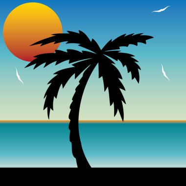 tropikal bir günbatımı ve palmiye ağacı vektör çizim.