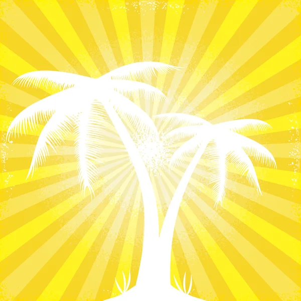 Tropical orange sunny ray beam silhouetted trees. — Stock Vector