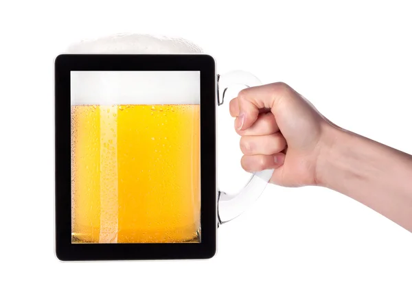 Digital tablet full of of beer with hand isolated — Stock Photo, Image