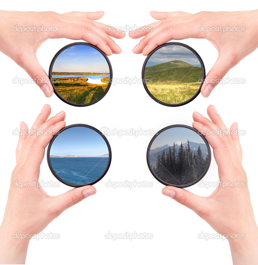 Set of landscapes throw camera filter isolated