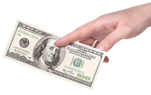 Mãos femininas com dólares isolados em um branco — Fotografia de Stock