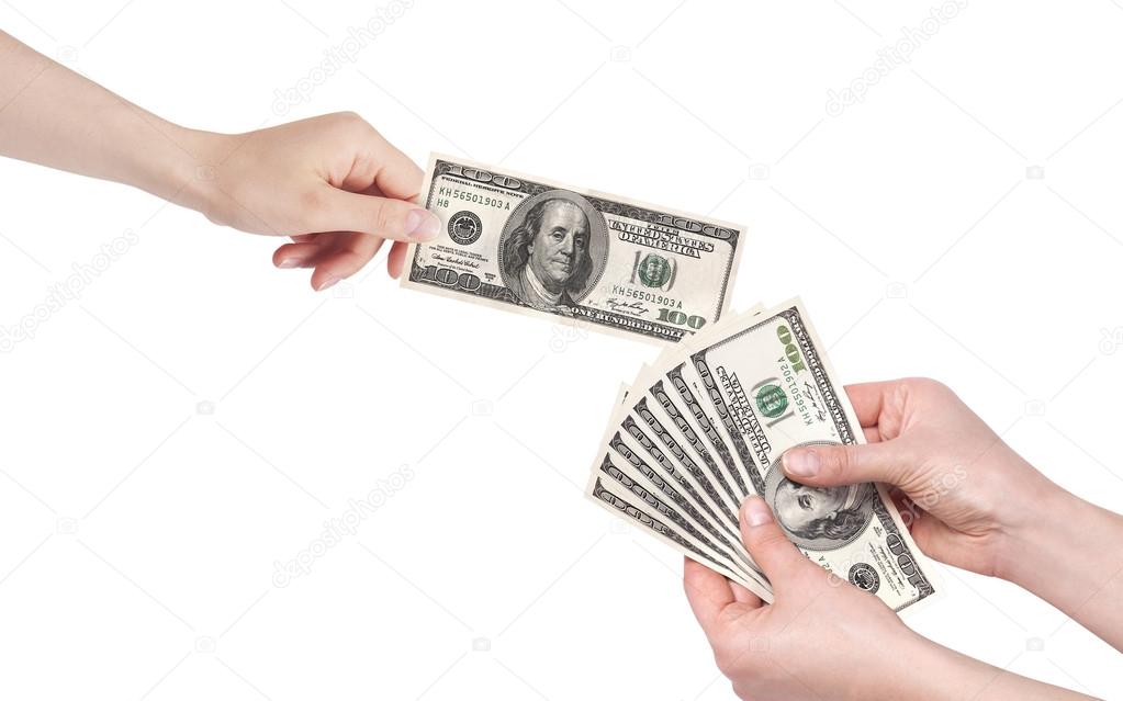 Hand giving money to other hand isolated