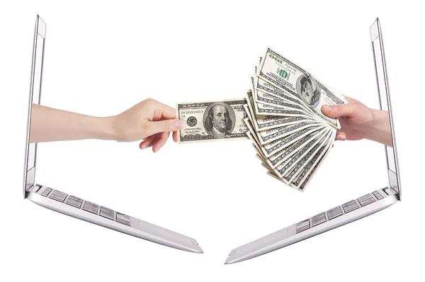 Laptop maken geld concept geïsoleerd — Stockfoto