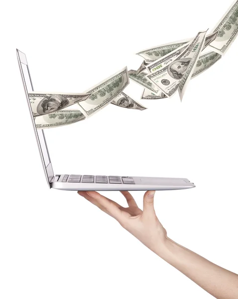 Laptop maken geld concept geïsoleerd — Stockfoto