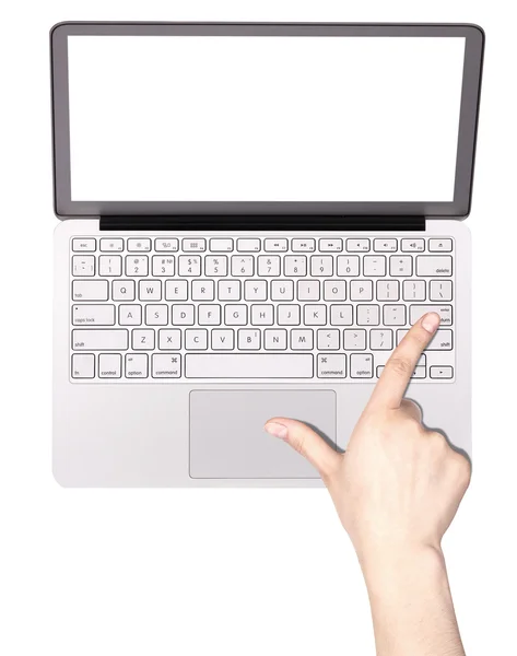 Laptop com mão mulher isolada — Fotografia de Stock