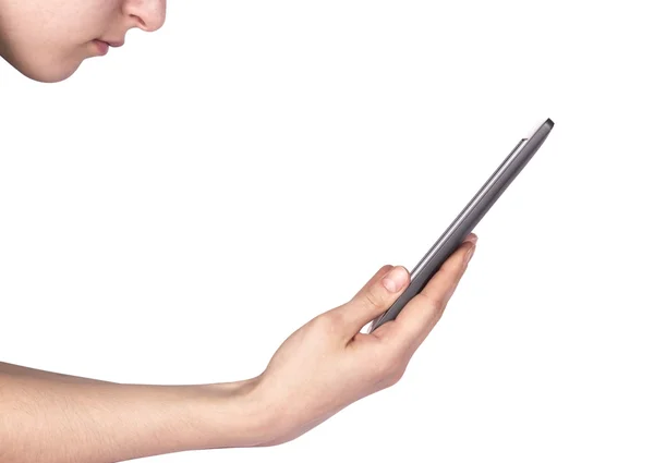 Side view of tablet computer with woman — Stock Photo, Image