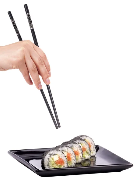 Sushi - Roll with chopsticks isolated — Stock Photo, Image