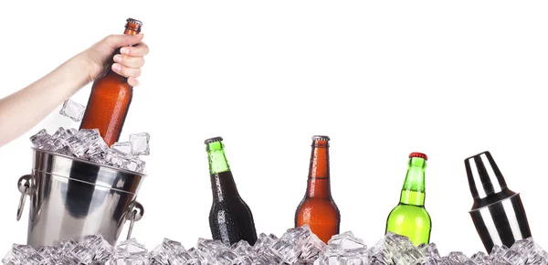 Frosty beer with ice bucket and hand — Stock Photo, Image