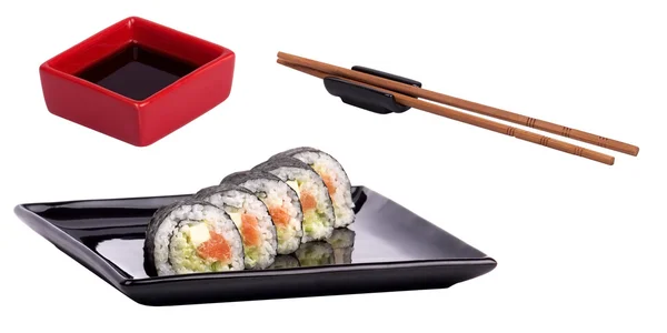 Soy sauce with sushi roll and chopsticks — Stock Photo, Image