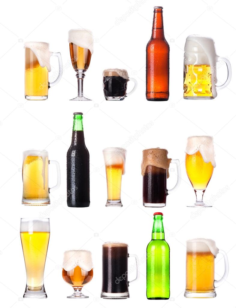 Set with different beer on white background