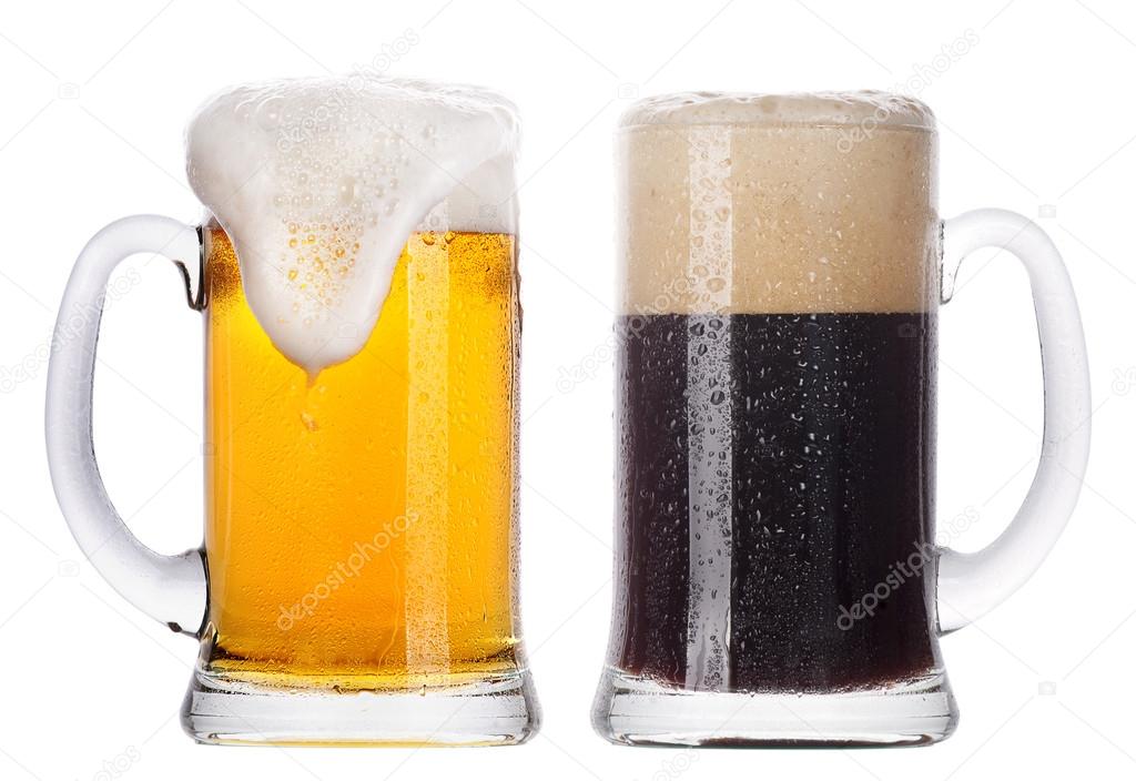 Frosty glass of light and dark beer set isolated