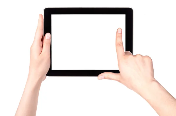 Touch screen tablet computer with hand — Stock Photo, Image