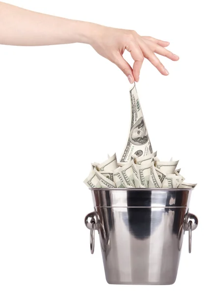 Bucket with money and hand — Stock Photo, Image