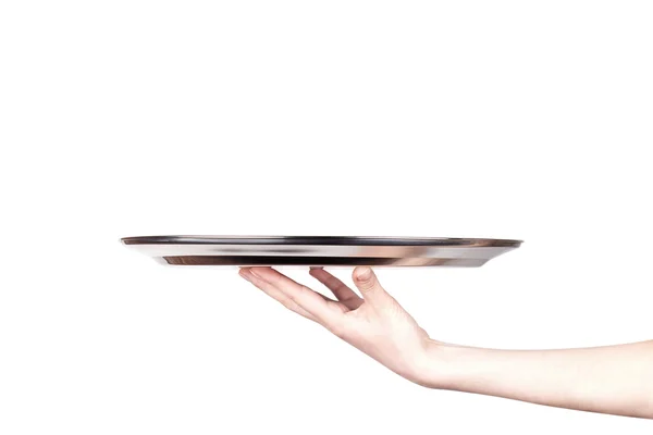 Woman holding empty silver tray — Stock Photo, Image