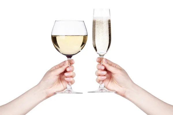 Copa de vino blanco y champán haciendo tostadas —  Fotos de Stock