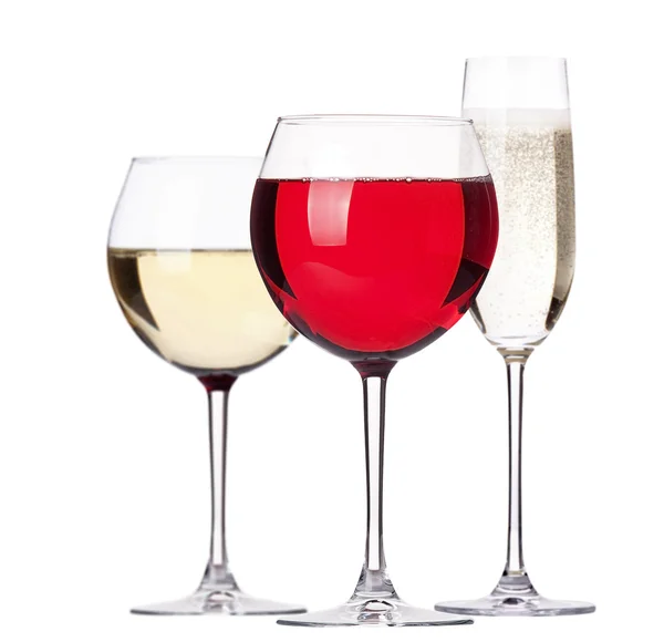 Sklo bílé a červené víno s šampaňským sadou izolované — Stock fotografie