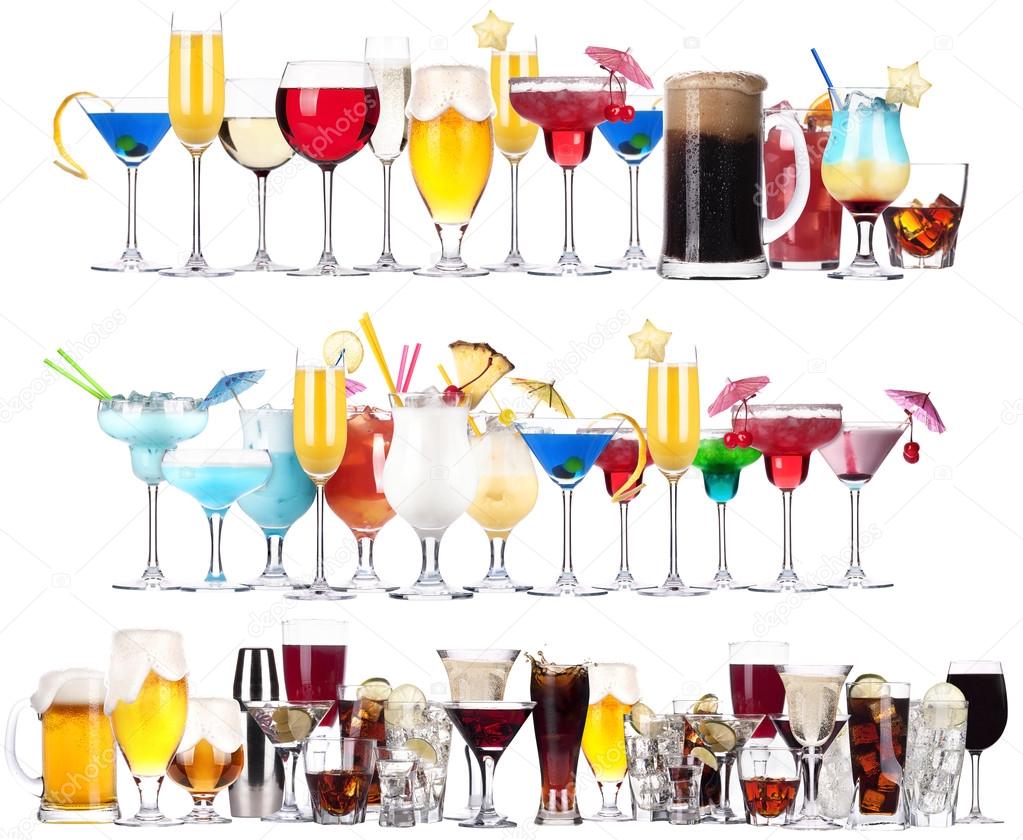 Set of different alcoholic drinks and cocktails