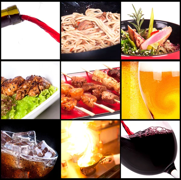 Different meat dishes and alcohol drinks — Stock Photo, Image